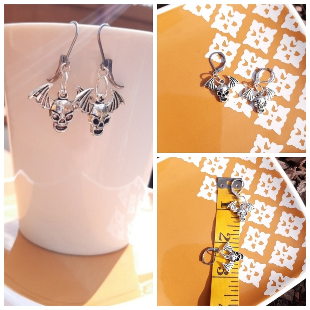 White Howlite Bat Earrings & Wing Skull Earrings Bundle - Picture 2 of 3